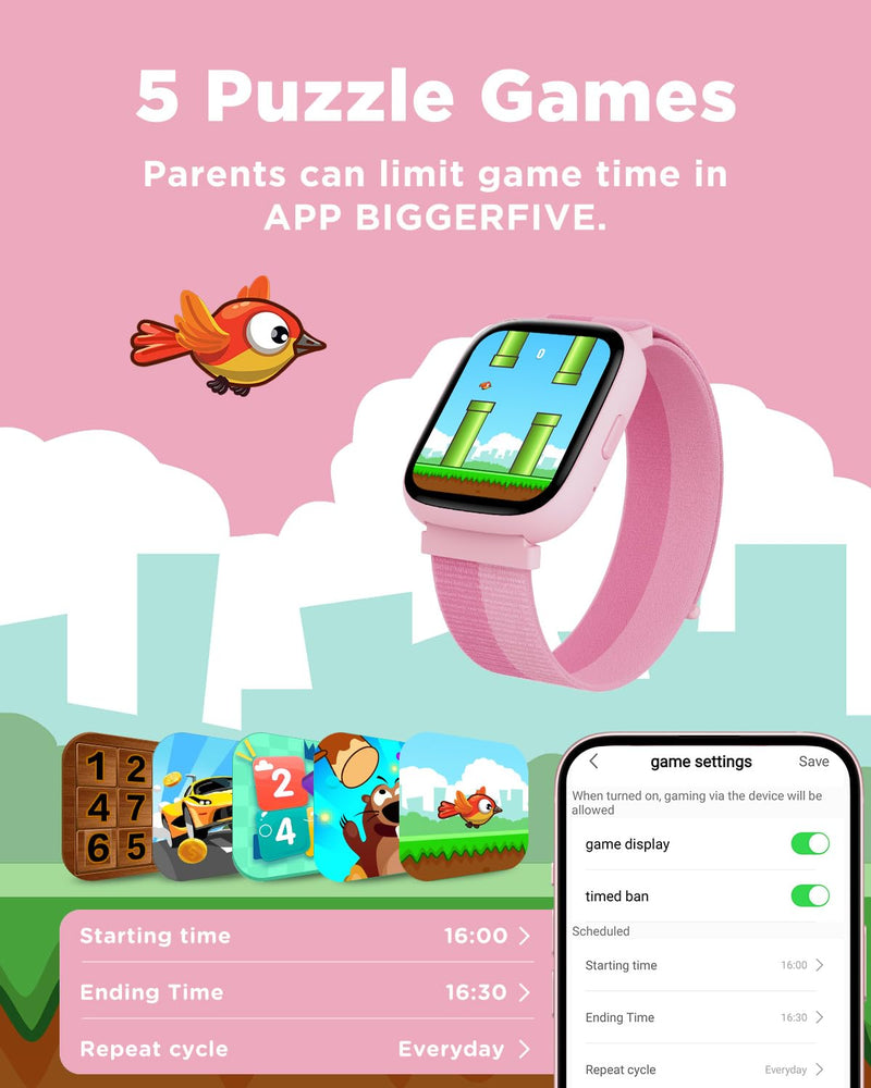 BIGGERFIVE Smart Watch for Kids, 1.8" Fitness Tracker Watch with Pedometer | Heart Rate, Sleep Monitor, IP68 Waterproof, Step Counter, Puzzle Games with/without App for Girls Teens 5-16，Nylon Single Strap Nylonpink