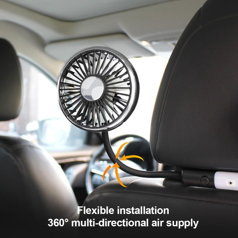 Double 360° Hose Fan for Car Back Seat, USB Headrest Fan with LED Light, Adjustable 3-Speed, Portable Cooling Fans for Vehicle SUV RV Truck Headrest