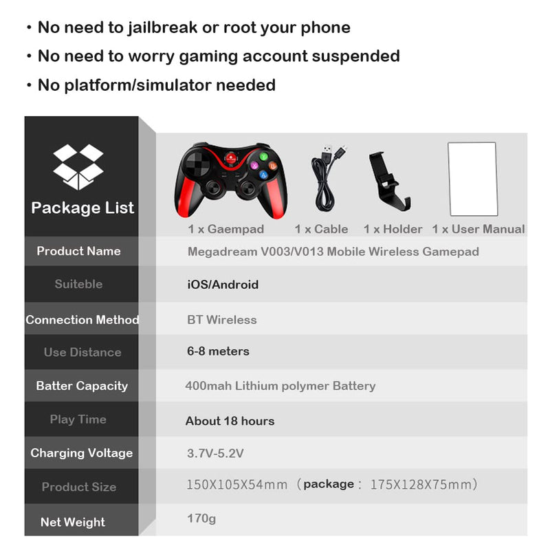 Megadream Wireless Phone Controller for iPhone, MFi Bluetooth Mobile Game Gamepad Joystick for iOS/Android, iPhone 17/iPhone 16/15/14/12, Galaxy S22/S21/S20, TCL, Google Pixel, Direct Play-Red Red