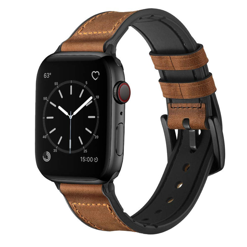 OUHENG Compatible with Apple Watch Band Sweatproof Genuine Leather and Rubber Hybrid Band 41mm 40mm 38mm Brown & Dark Brown