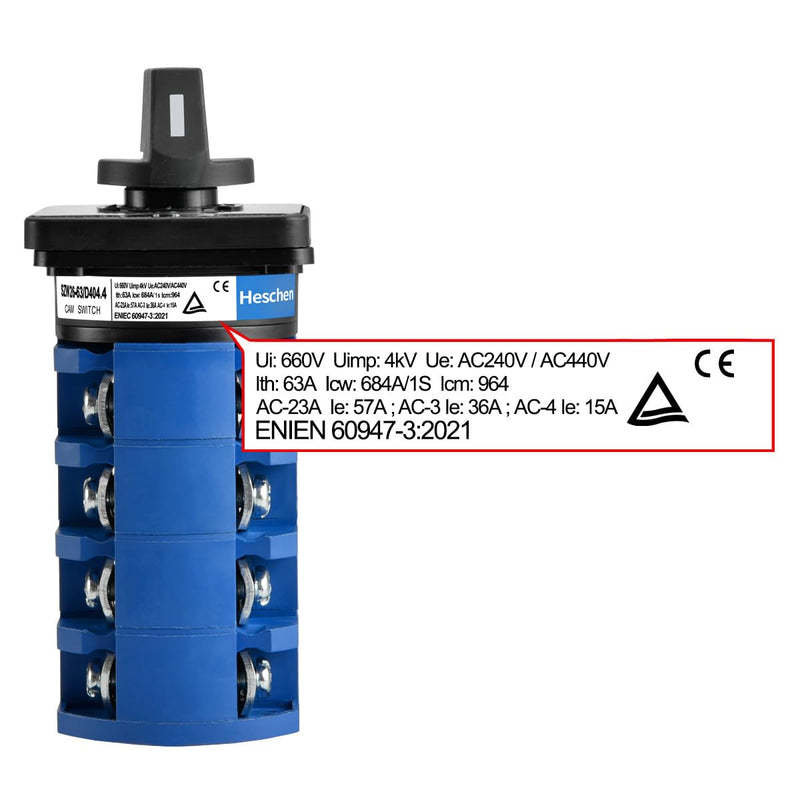 [AUSTRALIA] - Heschen Universal Rotary Cam Selector Changeover Switch, SZW26-63/D404.4, 660V 63A, ON-Off-ON 3 Position 4 Phase, 4NO+4NC, 16 Terminals, CE 