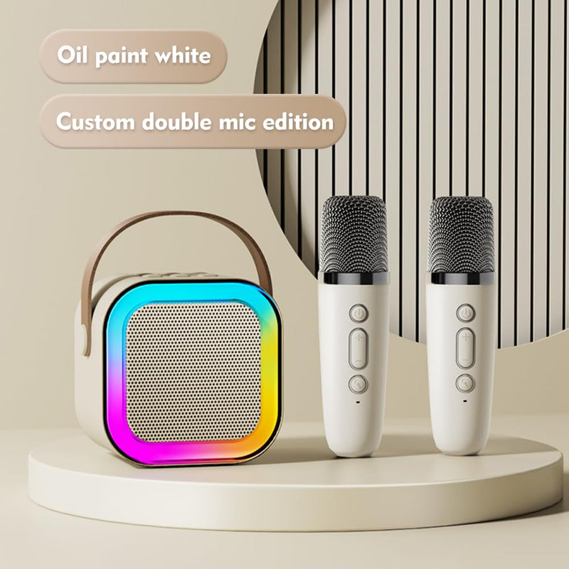 Pilarmuture Mini Karaoke Machine with 2 Wireless Microphones, Dual Noise Reduction, Voice Change with Multiple Modes, Bluetooth, White