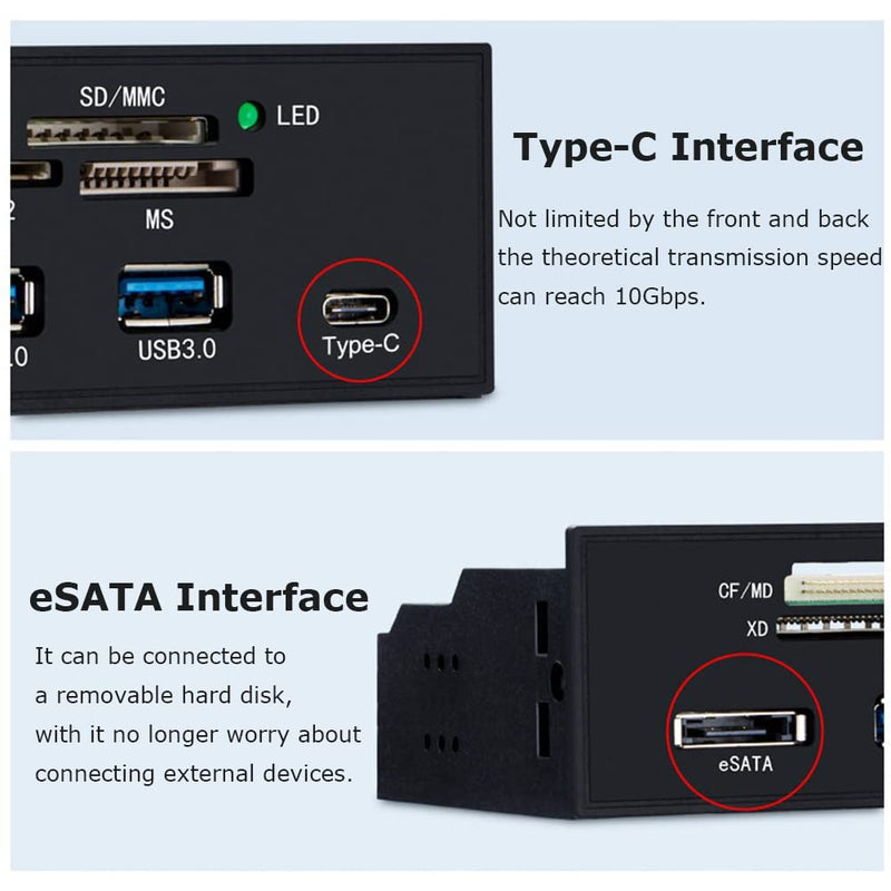 Diyeeni Internal Card Reader 5.25inches High Speed Front USB 3.0 Interface Multifunction Internal Card Reader Dashboard PC Front Panel,Equipped with eSATA and USB 3.1 Port 1# Black