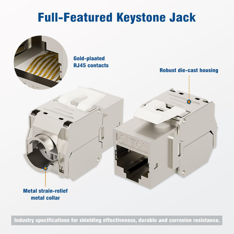 iwillink 10Gbps Shielded Cat6A Keystone Jack, 25-Pack | 180 Degree Toolless Zinc-Alloy Housing RJ45 Keystone Jack, Silver