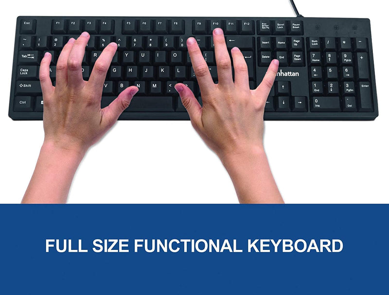 [AUSTRALIA] - Manhattan Wired Computer Keyboard, Black – Basic Keyboard - with 5ft USB-A Cable, 104-keys, Foldable Stands - Compatible for Windows, PC, Laptop - 3 Year Warranty - 179324 