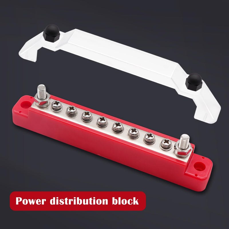 12V Bus Bar Marine 2 x 1/4" (M6) Terminal Studs,8 x M4 (#8) Terminal Screws,12V Power Distribution Block with Cover and Ring Terminals, Battery Bus Bar for Car and Boat (Black+Red) Q-O-038-10-A 2 x 1/4"(M6) Studs & 8 x #8(M4) Screws
