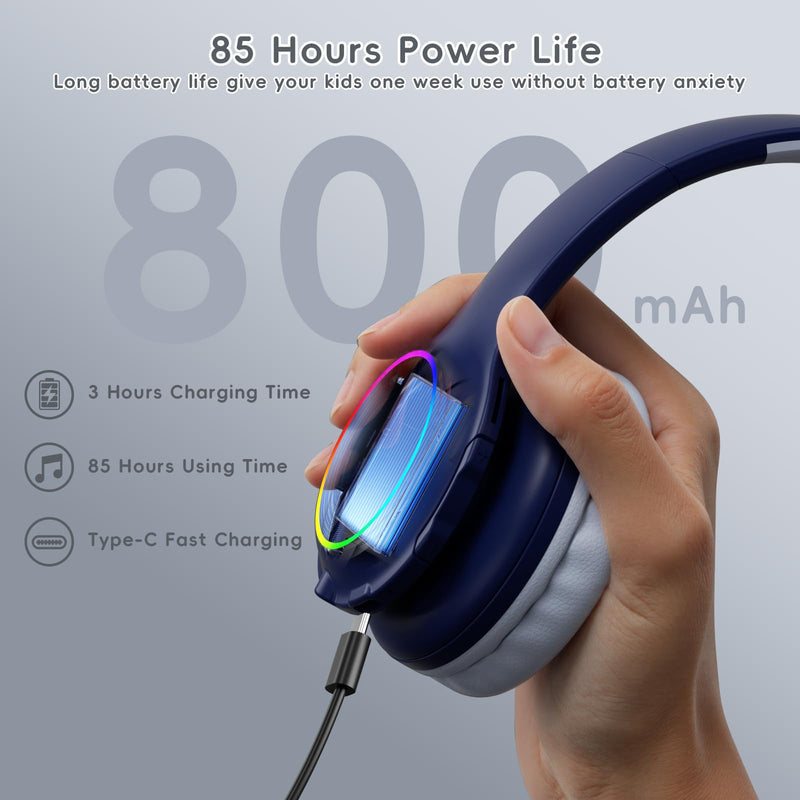[AUSTRALIA] - Candy Bila Kids Bluetooth 6.0 Headphones with LED Light, 85Hours Playtimes, Type-C Fast Charging, 85/94dB Volume Limited, Comfort Wireless Headphones with Built-in Mic, Wired & TF Card Mode, Navy Blue 