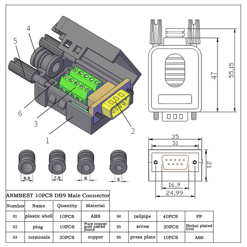 ANMBEST 10PCS DB9 Male Breakout Connector,DB9 Solderless RS232 D-SUB Serial to 9-pin Port Terminal Adapter Connector Breakout Board with Case Long Bolts Tail Pipe 10PCS Male Adapter