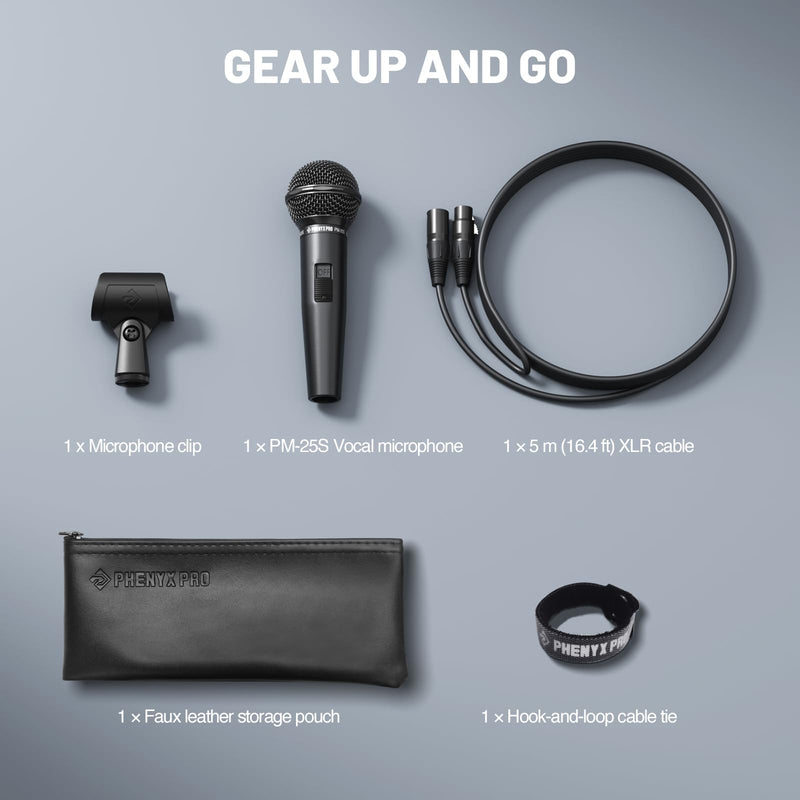 Phenyx Pro Dynamic Vocal Microphone, Cardioid Microphone with ON/Off Switch, 16.4 ft XLR Cable, Mic Clip, Storage Bag, Wired Handheld Mic for Singing, Stage, Studio, Karaoke (PM-25S)