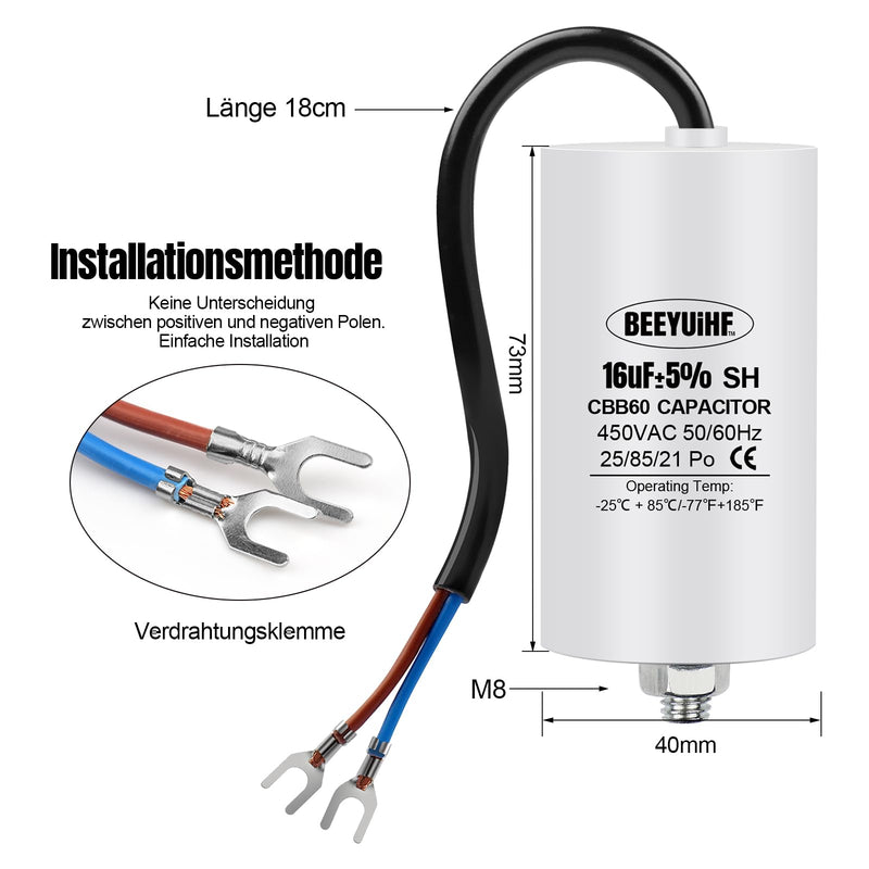 BEEYUIHF CBB60 Motor Capacitor 16µF 450V Capacitor 50/60Hz Starting Capacitor 16uF Motor Running Capacitor with Connection Cable for Electric Motor 40 x 73 mm 16μF / 16uF