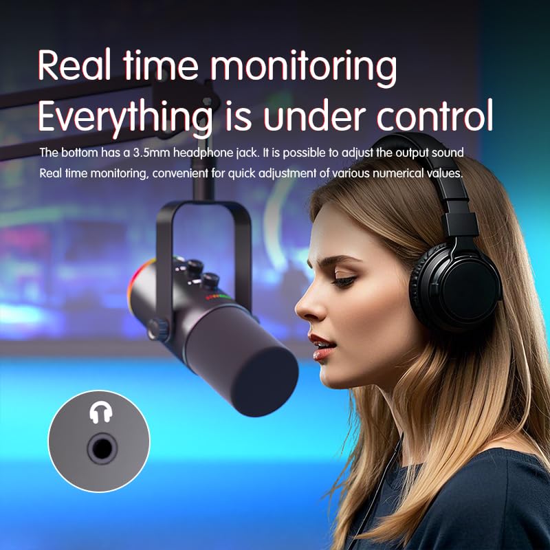 USB/XLR Dynamic Microphone for Podcasting, Gaming Streaming Mic with RGB Light, Mute Button, Noise Cancellation, Desktop Stand