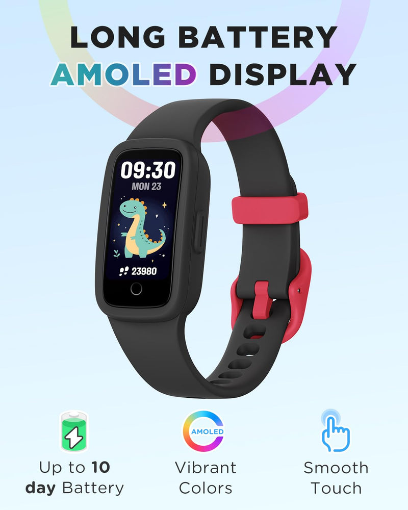 Vigor 3 Kids Fitness Tracker Watch, AMOLED Screen for Boys Ages 5-15 | No Phone No App Required, 3ATM Waterproof, Pedometer, Heart Rate and Sleep Monitor, Vibrating Alarm, 10 Sport Modes, Reminder Black