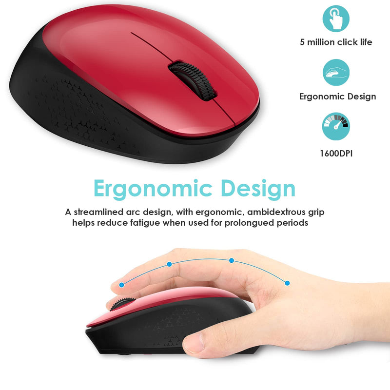 LeadsaiL Wireless Mouse for Laptop 2.4G Silent Cordless USB Mouse Slim Wireless Optical Computer Mouse, 3 Buttons, AA Battery Used,1600 DPI for Windows 10/8/7/Mac/Macbook Pro/Air/HP/Dell/Lenovo/Acer Black&Red