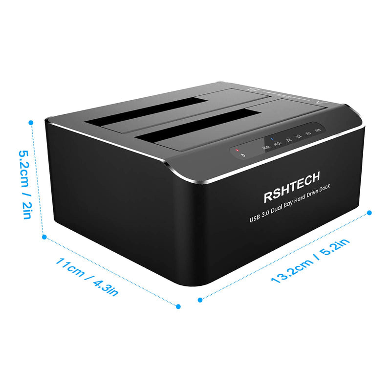 Hard Drive Dock, RSHTECH Aluminum USB 3.0 to SATA Dual Bay External Hard Drive Docking Station for 2.5 & 3.5 inch SATA HDD SSD with Offline Clone/Duplicator Function, Support UASP & 2x16TB (RSH-DS01) SATA Dual-Bay Hard Drive Dock