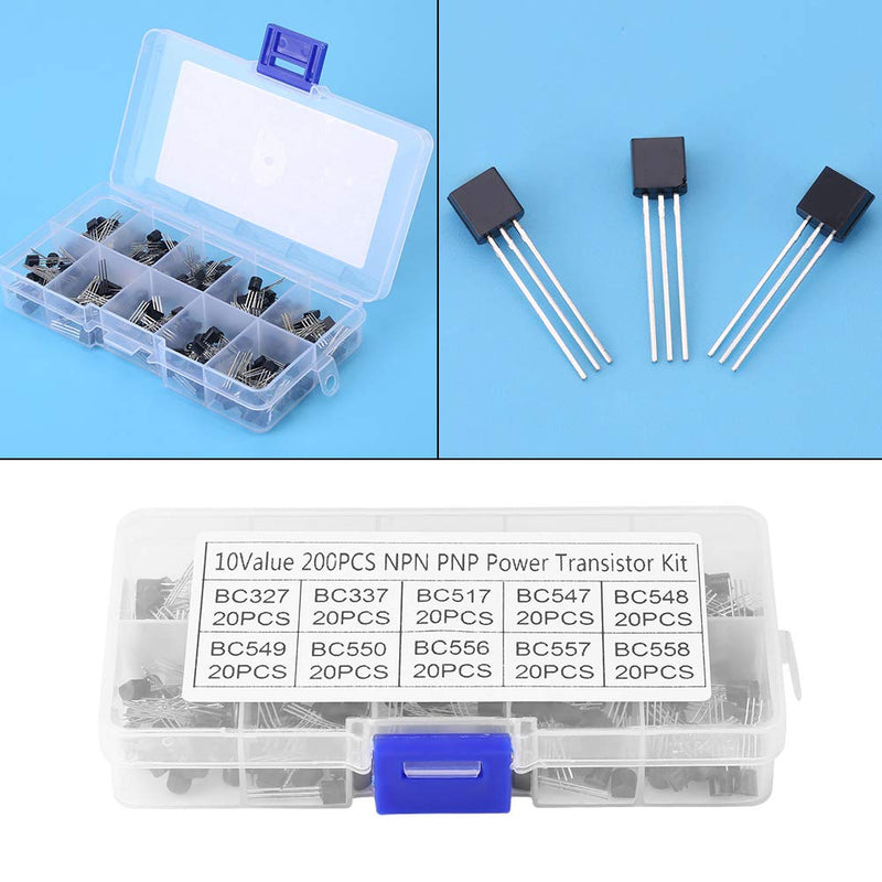 200 Pieces TO-92 Silicon NPN PNP Power Transistor Assortment Kit Set with Plastic Storage Box 10 Values (BC327 BC337 BC517 BC547 BC548 BC549 BC550 BC556 BC557 BC558)