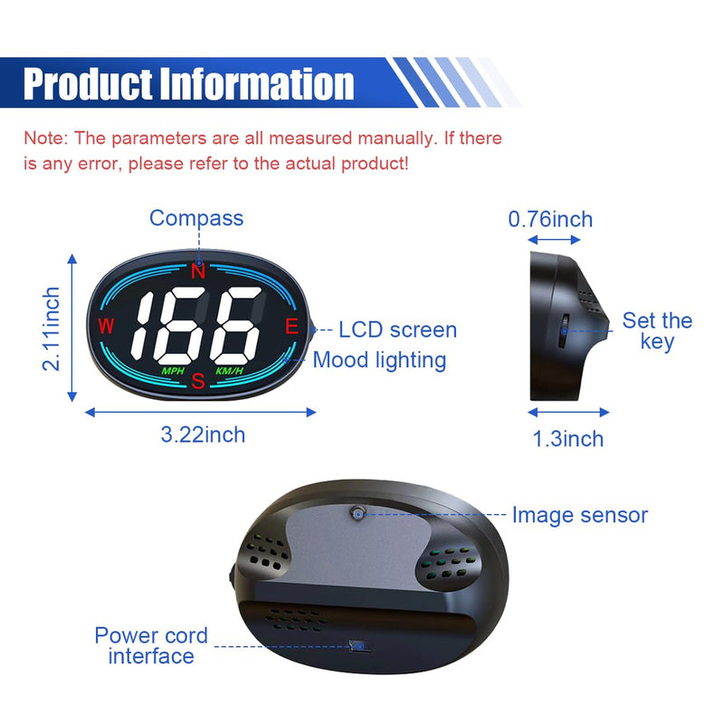 Car Digital Speedometer, Car Head-Up Display, HUD Speedometer with GPS Compass, Plug and Play Display with Speeding Alarm, USB Connect MPH Speed Meter Suitable for Most Vehicles