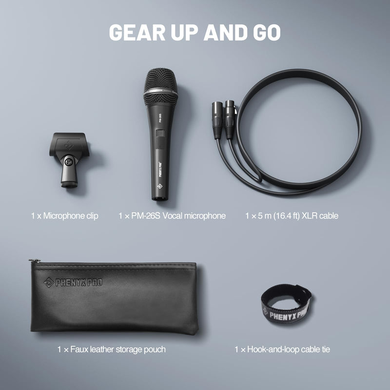Phenyx Pro Vocal Microphone, Supercardioid Dynamic Mic with 16.4 ft XLR Cable, Mic Clip, Storage Bag, Wired Handheld Microphone for Singing, Stage, Studio, Karaoke (PM-26S)