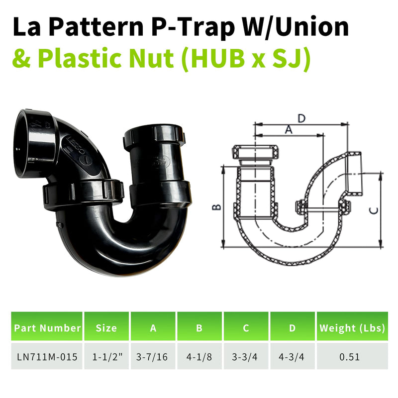 LESSO P Trap with Threaded Adapter Ring,1-1/2" Leak & Odor Proof Drain Kits for Bathroom/Kitchen/RV Sink Drain, ABS P Trap 1-1/2 Inch P-Trap-A