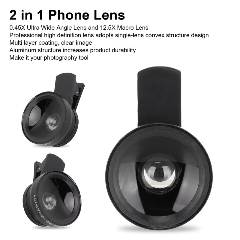 Generic 2 in 1 Phone Lens, 0.45X Wide Angle and 12.5X Macro Lens with Universal, for Most Smartphones and Tablets (Black) Black