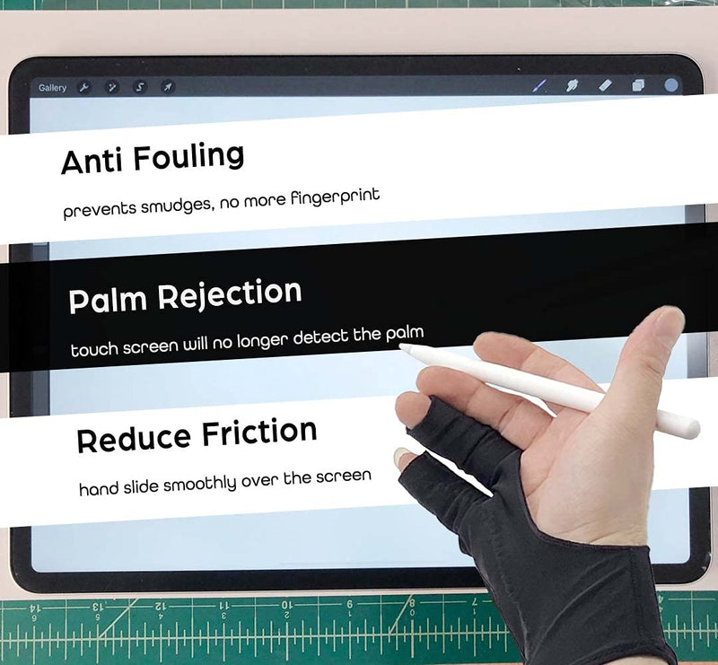 AKX Artist Glove Large - 2 Pack Palm Rejection Drawing Glove for Graphic Tablet, iPad - Smudge Guard, 2 Finger, Elastic Lycra, Fingerless Glove, Good for Left and Right Hand, Black | AK-020 L 2 Finger, Black