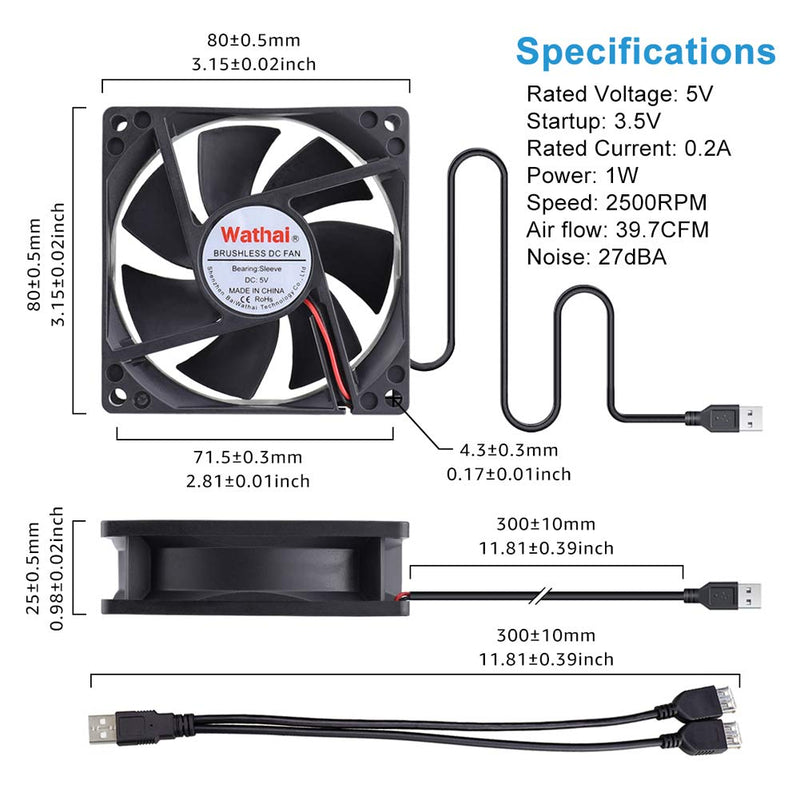 Wathai 80mm x 80mm x 25mm USB Fan 5V for Computer Laptop Router DVR Xbox Cooling 2 Packs
