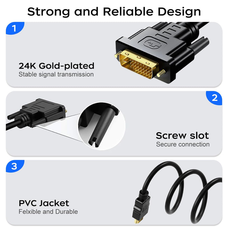 HDMI A to DVI Adapter Cable 6ft, 2 Pack Bi-Directional 1080 DVI-D to HDMI Cable Male to Male, High-Speed Gold-Plated HDMI to DVI for Raspberry Pi, Roku, X-Box One, PS3/4/5, Graphics Card