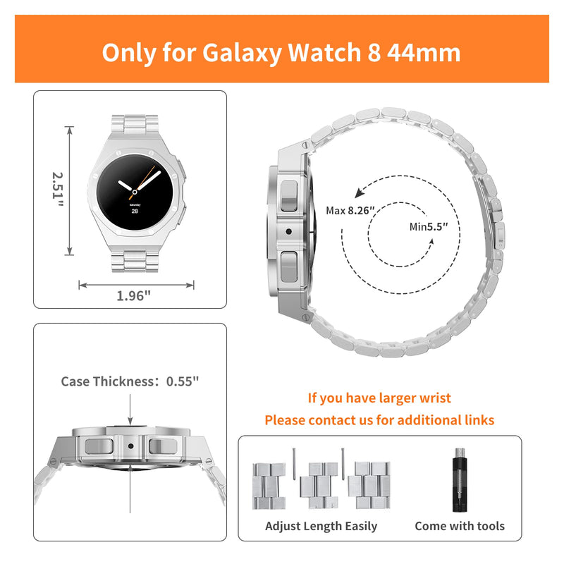 Case with Band for Samsung Galaxy Watch 9 8 44mm, Luxury Metal Face Cover with Tactical Stainless Steel Strap Military Protection for Men, Silver