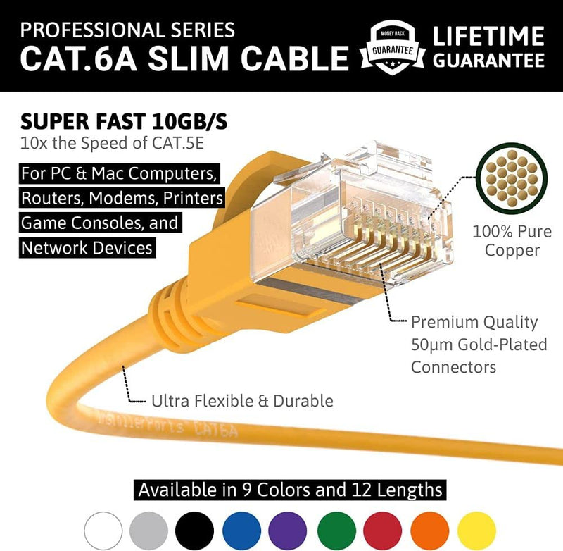 InstallerParts Ethernet Cable CAT6A Slim Cable UTP Booted 10 FT (10 Pack) - Yellow - Professional Series - 10Gigabit/Sec Network/High Speed Internet Cable, 550MHZ, 28AWG 10 Feet (10 Pack)