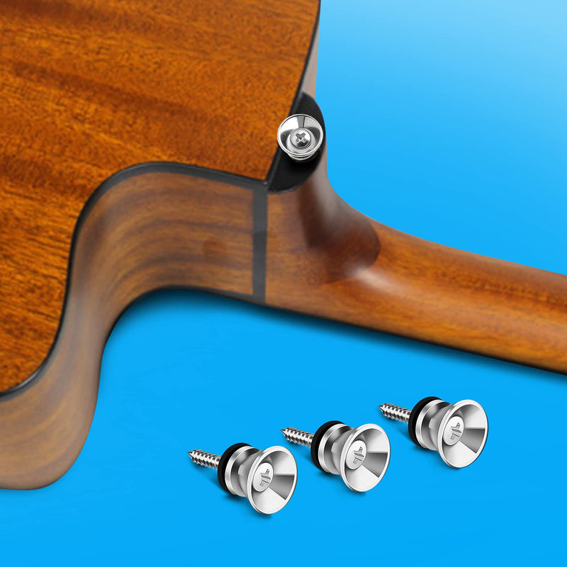SAVITA 12 Pieces 0.9x0.5 Guitar Strap Locks and Buttons Set, Strong Metal Guitar End Pins with Screws and Rubber Blocks for Acoustic Electric Classical Guitar, Bass Ukulele (Silver) Silver