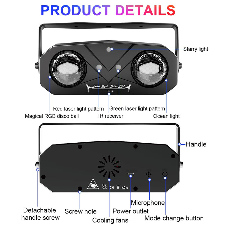 Disco Lights Disco Ball, Sound Activated Party Light with Roating Disco Ball,Star Projector,Ocean Light and Laser Lights for Party DJ KTV Club Wedding Festivals Stage Dancing Christmas Newly Party Light+Star Light