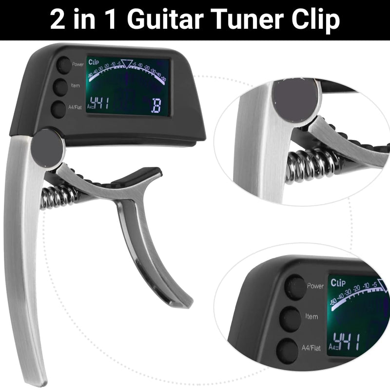 [AUSTRALIA] - Guitar Capo Tuner 2 in 1 Clip on Tuner and Capo with Large LCD Display Accurate Tuning for Acoustic Electric Bass Ukulele Violin Banjo 