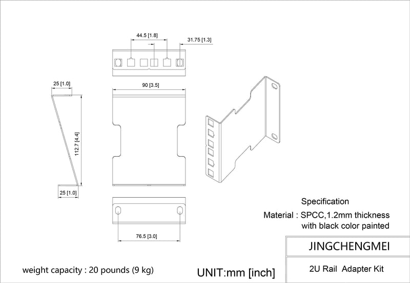 Jingchengmei 2U Server Rack Depth Extender - 4-Inch Deep -Recessed Rack Mount Adapter Kit for Network Rack (2UEXB) 2U High