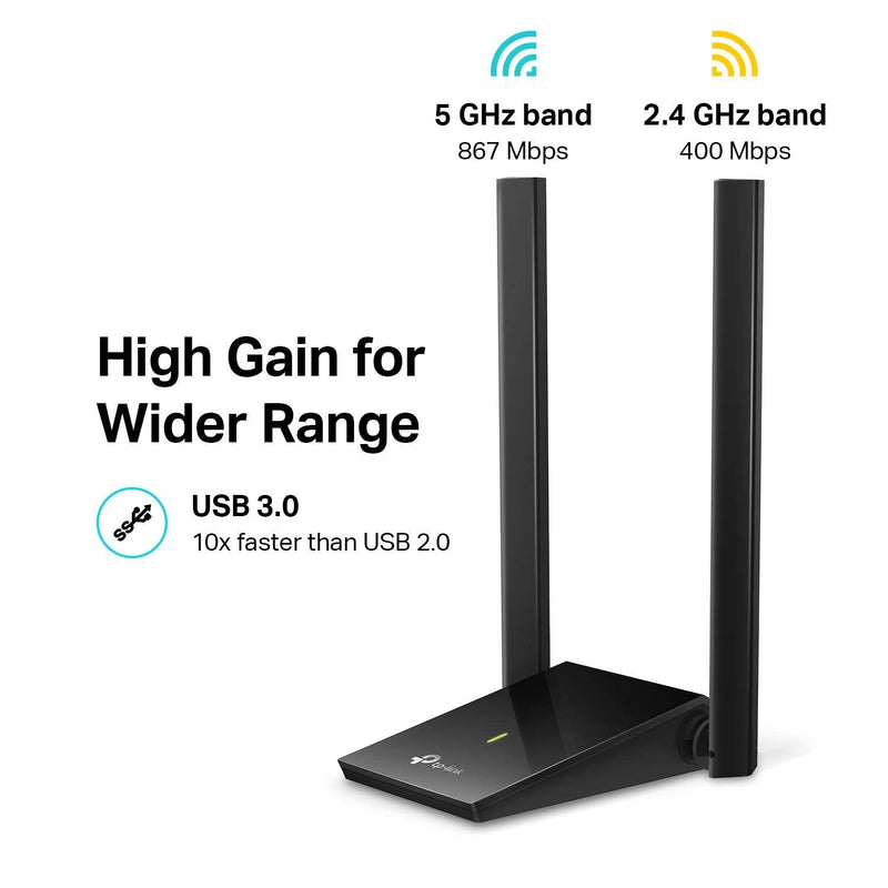 TP-Link USB WiFi Adapter for Desktop PC, AC1300 Dual High Gain Antenna | Dual Band WiFi Dongle, 2.4/ 5GHz PC WiFi Antenna, USB Wireless Adapter- Support Win11/10, Mac OS 10.9-10.14 (Archer T4U Plus)
