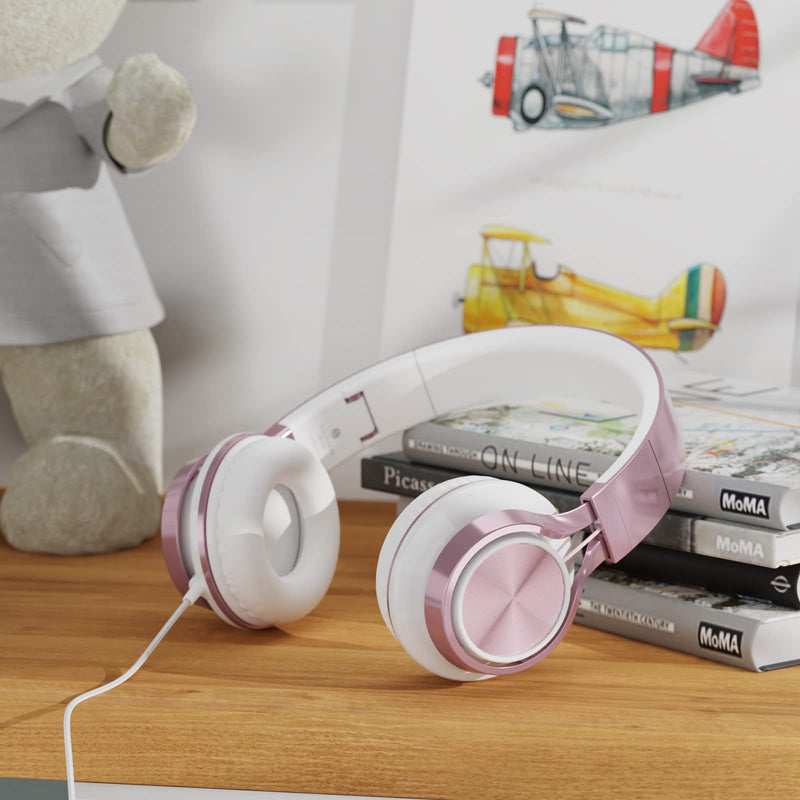 [AUSTRALIA] - AILIHEN MS300 Girl Headphones for Kids School, Wired On-Ear Headsets with Microphone for Chromebook Laptop Computer, Foldable Adjustable Teen Headphones, Tangle-Free, 3.5mm Jack (Rose Gold) Pink 