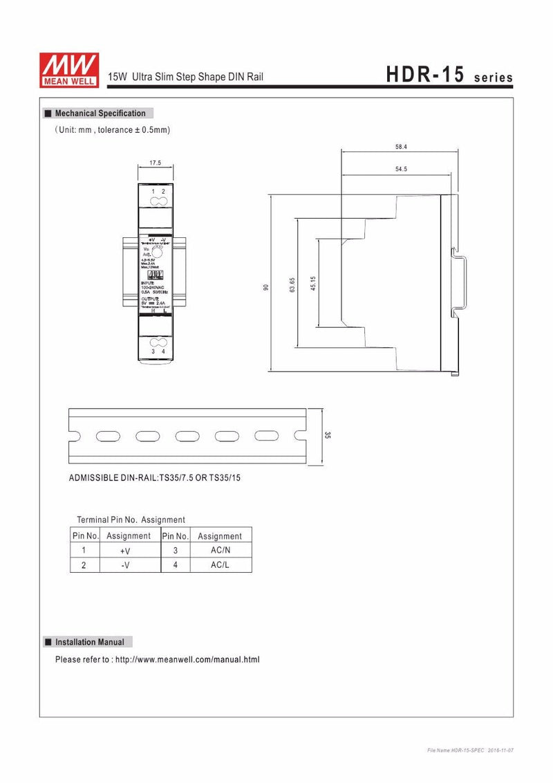 MEAN WELL Ultra Slim Step-Shape 1SU DIN Rail Power Supply, 12V 1.25A 15W - HDR-15-12