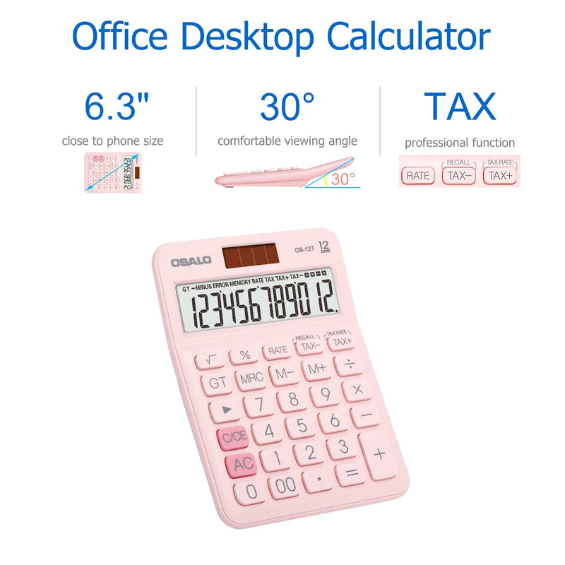 Pocket Small Size Desk Calculator, 12 Digit Large LCD Display, Basic Tax Function Handheld Desktop Calculator with Solar Battery Dual Power, Perfect for Office, School, Business OS-12T (Pink) 12T-Pink