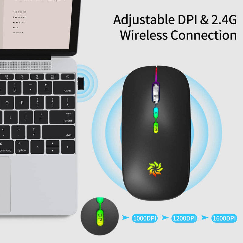 LED Wireless Mouse Slim Silent Mouse 2.4G Rechargeable Wireless Computer Mouse Wireless Mouse for Laptop, MacBook, iPad, Chromebook, with USB & Type-c Receiver Black with LED Backlit