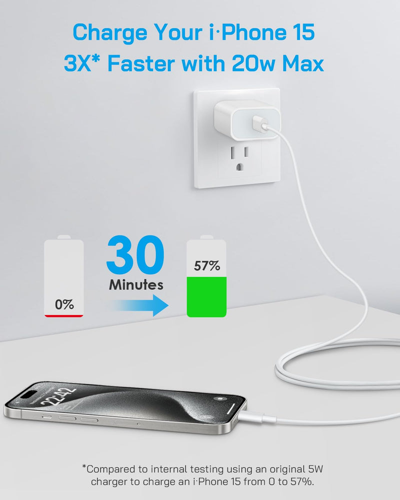 i Phone 15 Charger Fast Charging-20W USB C Wall Charger Block with 6Ft Type-C to Type-C Cable for i Phone 15/15 Pro/15 Plus/15 Pro Max, i Pad Pro/Air & More White