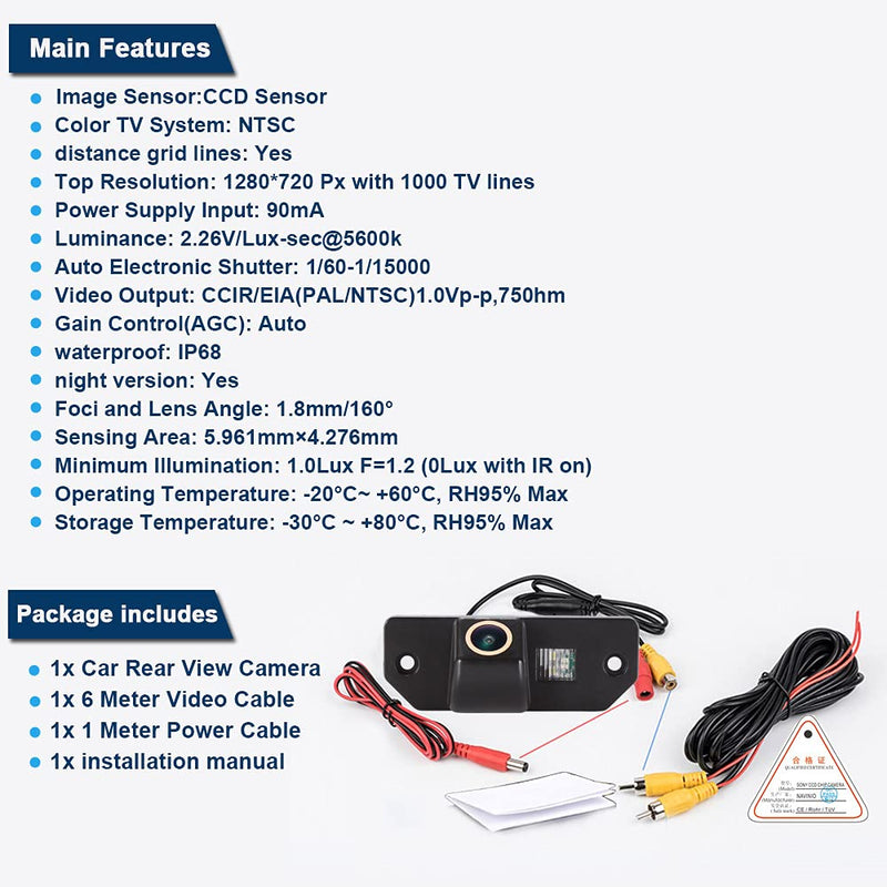 Caros Fisheye 1280x720 Pixels car Backup Camera Reverse Parking Rear View Vehicle Camera Replacement for Ford Mondeo Focus(2 Carriage) C-Max Sedan(3 Carriage) MK Waterproof Night Vision Wide Angle