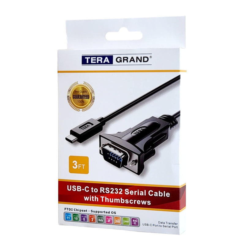 Tera Grand - USB C to RS232 Serial DB9 Adapter Cable with Thumbscrews and FTDI chipset, Supports Windows 11, 10, 8, 7, Vista, XP, 2000, 98, Linux and Mac, 3 Ft 3 Feet