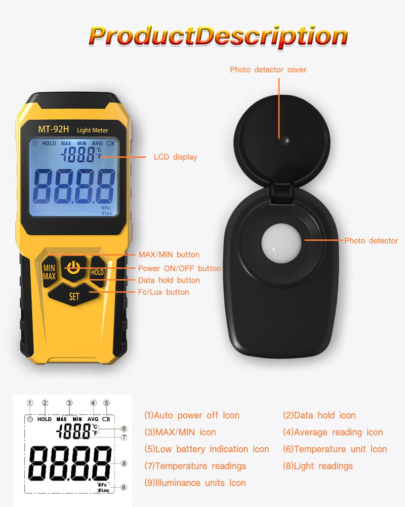 [AUSTRALIA] - MT-92H Light Meter with Split Sensor Lux/Foot Candles Meter 500ms Refresh Rates Range up to 200,000 Lux Switchable Backlight Temperature Measurer 14℉-140℉ 