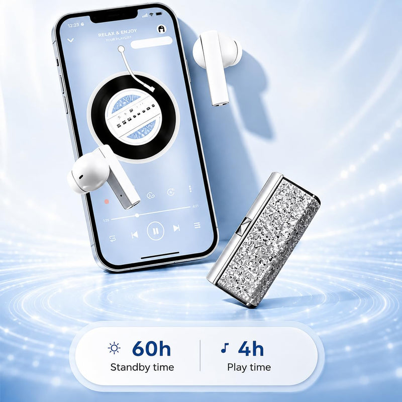 Lipstick Shape Wireless Earbuds, Sparkling Silver Crystal Decor Mini Earphones with Portable Charging Case,Clear Audio in-Ear Headphones, Elegant for Women