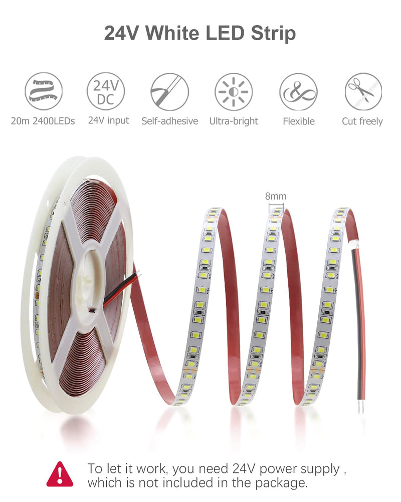 ALITOVE 65.6ft White LED Strip Lights Daylight 6000K 24V Ultra-Bright 120LEDS/M High-Density LED Flexible Light Strip 20M 2400 LEDs 2835 SMD Commercial Grade Rope Lights (No Power Adapter) Daylight White SMD 20M IP20