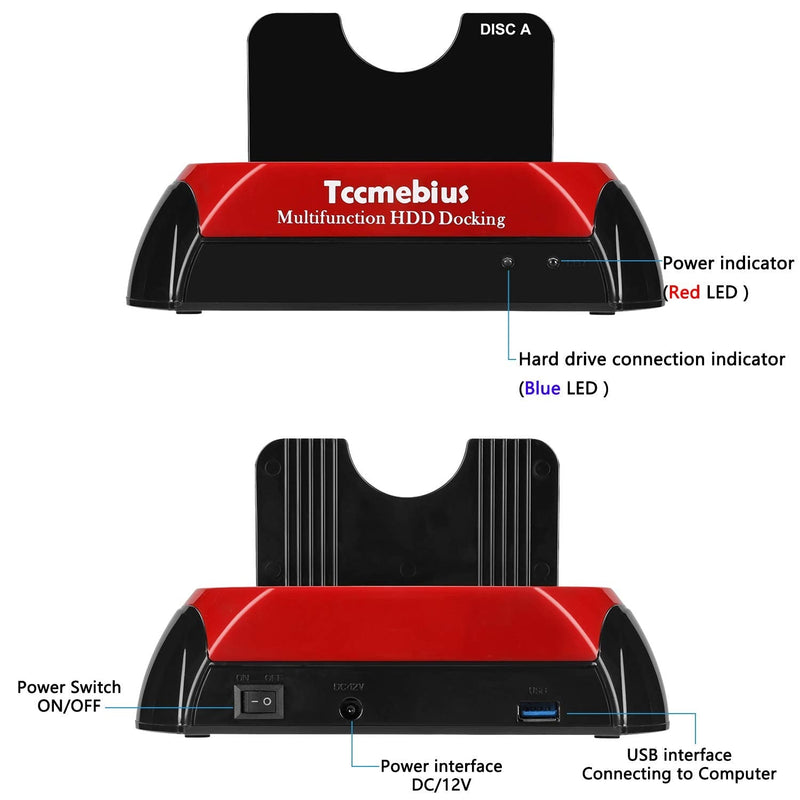 Tccmebius Hard Drive Docking Station, TCC-S868-US USB 3.0 to 2.5 3.5 Inch SATA IDE Dual Slots External HDD Enclosure, for 2.5" 3.5" IDE SATA I/II/III HDD SSD