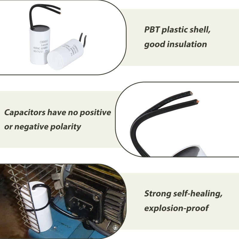 2 x 2µF 450 V CBB60 Capacitor, Starting Capacitor, Motor Capacitor, Work Capacitor for Household Appliances, Durable, Environmentally Friendly, with Cables, Suitable for Circulation Pump, Wall Boiler
