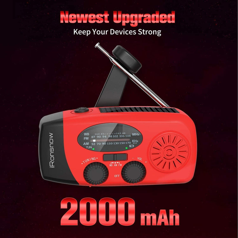 Solar Emergency Hand Crank Weather Radio, Portable Self Powered NOAA AM/FM Radios with SOS Alarm LED Flashlight 2000mAh Power Bank Smart Phone USB Charger for Camping (Red) IR088 Red