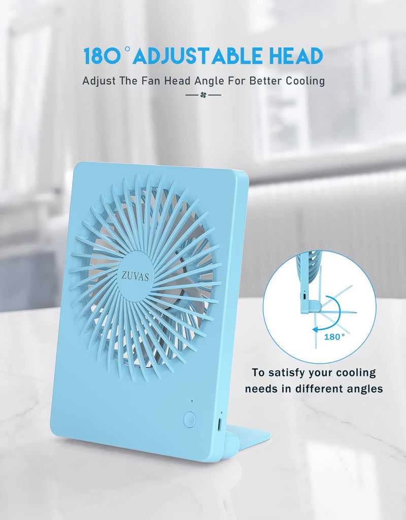 Zuvas Desk Fan Battery Operated Fan Rechargeable 180°Tilt Folding Personal Fan Ultra Quiet Small Portable Fan 3 Speed Adjustable Strong Wind USB Fan For Office Bedroom Home Desktop Camping (Blue) Blue