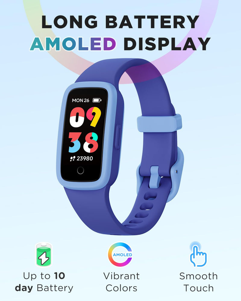 Vigor 3 Kids Watch Fitness Tracker, AMOLED Screen for Boys Girls Age 5-15 | 3ATM Waterproof, No App No Phone Needed, Pedometer, Vibrating Alarm, Heart Rate, Sleep Monitor, 10 Sport Modes, Habit Builder Blue
