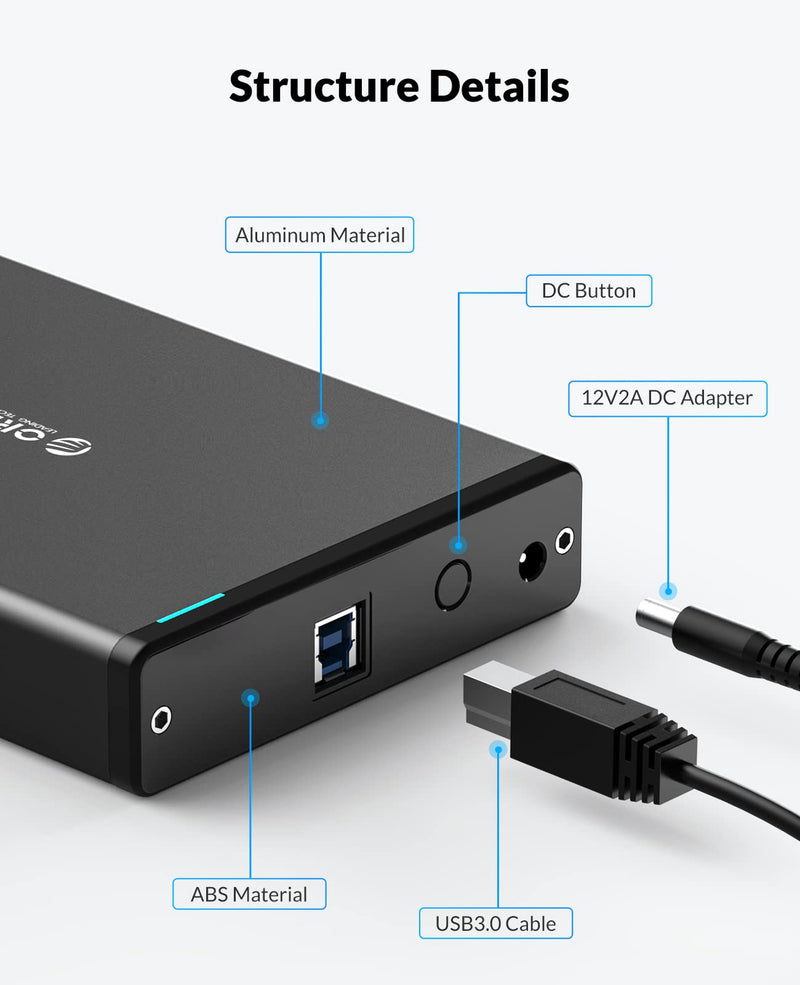 ORICO 3.5 Inch External Hard Drive Enclosure with Removable Enclosure USB 3.0 to SATA 3.0 5Gbps for SATA 3.5 Inch HDD with 12V 2A Power Supply Adapter (16TB Max, Blue Display) 7688U3 ORICO 7688U3-EU-BK-BP
