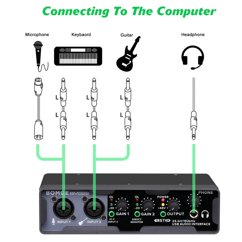 BOMGE USB Audio Interface(32bit/192 kHz) with XLR,phantom power,Direct Monitoring,Loopback for PC Recording,Streaming,Guitarist,Vocalist and Podcasting